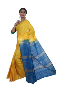 Yellow Tussar Silk Saree with Blue Pallav-Tussar Saree-parinitasarees