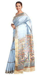 Ash Grey Madhubani Painted Bapta Tussar Silk Saree-Tussar Saree-parinitasarees
