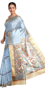 Ash Grey Madhubani Painted Bapta Tussar Silk Saree-Tussar Saree-parinitasarees