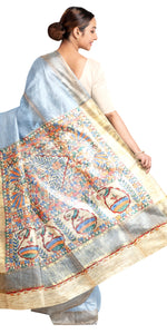 Ash Grey Madhubani Painted Bapta Tussar Silk Saree-Tussar Saree-parinitasarees