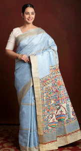 Ash Grey Madhubani Painted Bapta Tussar Silk Saree-Tussar Saree-parinitasarees