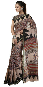 Beige Chanderi Saree with Kalamkari Block Prints-Chanderi Sarees-parinitasarees