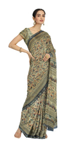 Beige Chanderi Saree with Kalamkari Block Prints-Chanderi Sarees-parinitasarees