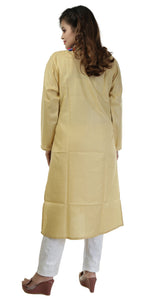 Beige Cotton Chikankari Kurti with Floral Motifs-Women's Chikankari Kurti-parinitasarees