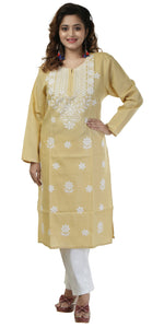 Beige Cotton Chikankari Kurti with Floral Motifs-Women's Chikankari Kurti-parinitasarees