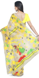 Beige Cotton Jamdani with Sri Krishna Motif-Jamdani saree-parinitasarees