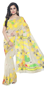 Beige Cotton Jamdani with Sri Krishna Motif-Jamdani saree-parinitasarees