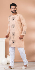 Beige Cotton Panjabi with Floral Kantha Embroidery-Men's Kurtas-parinitasarees