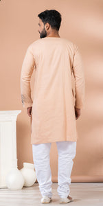 Beige Cotton Panjabi with Floral Kantha Embroidery-Men's Kurtas-parinitasarees