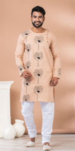 Beige Cotton Panjabi with Floral Kantha Embroidery-Men's Kurtas-parinitasarees