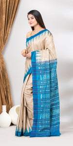 Beige Gopalpur Tussar Silk Saree with Ikat Pattern-Tussar Saree-parinitasarees