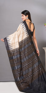 Beige Gopalpur Tussar Silk Saree with Ikat Pattern-Tussar Saree-parinitasarees