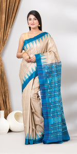 Beige Gopalpur Tussar Silk Saree with Ikat Pattern-Tussar Saree-parinitasarees