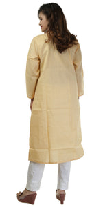 Beige Handspun Cotton Chikankari Kurti with Floral Motifs-Women's Chikankari Kurti-parinitasarees