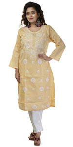 Beige Handspun Cotton Chikankari Kurti with Floral Motifs-Women's Chikankari Kurti-parinitasarees