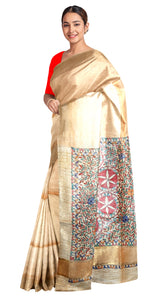 Beige Madhubani Painted Bapta Tussar Silk Saree-Tussar Saree-parinitasarees