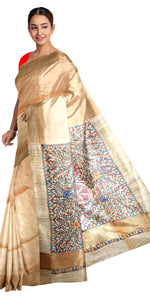 Beige Madhubani Painted Bapta Tussar Silk Saree-Tussar Saree-parinitasarees