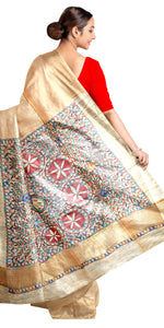 Beige Madhubani Painted Bapta Tussar Silk Saree-Tussar Saree-parinitasarees