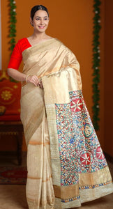Beige Madhubani Painted Bapta Tussar Silk Saree-Tussar Saree-parinitasarees