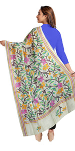 Beige Tussar Kantha Dupatta with Floral Embroidery-Dupattas-parinitasarees