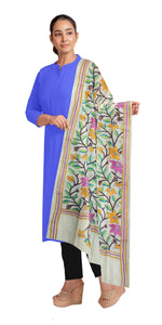 Beige Tussar Kantha Dupatta with Floral Embroidery-Dupattas-parinitasarees