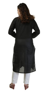 Black Cotton Chikankari Kurti with Floral Motifs-Women's Chikankari Kurti-parinitasarees