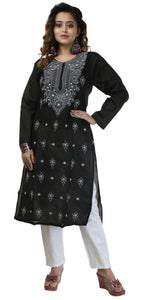 Black Cotton Chikankari Kurti with Floral Motifs-Women's Chikankari Kurti-parinitasarees