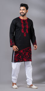 Black Cotton Panjabi with Attractive Embroidery-Men's Kurtas-parinitasarees
