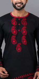 Black Cotton Panjabi with Attractive Embroidery-Men's Kurtas-parinitasarees
