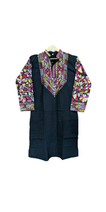 Black Cotton Panjabi with Colourful Kantha Embroidery- L-Men's Kurtas-parinitasarees