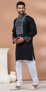 Black Cotton Panjabi with Floral Embroidery-Men's Kurtas-parinitasarees