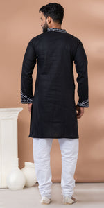 Black Cotton Panjabi with Floral Embroidery-Men's Kurtas-parinitasarees