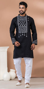 Black Cotton Panjabi with Floral Embroidery-Men's Kurtas-parinitasarees