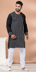 Black Cotton Panjabi with Floral Kantha Embroidery-Men's Kurtas-parinitasarees
