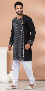 Black Cotton Panjabi with Floral Kantha Embroidery-Men's Kurtas-parinitasarees