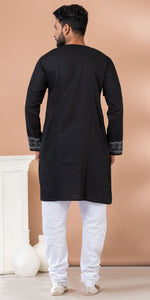 Black Cotton Panjabi with Floral Kantha Embroidery-Men's Kurtas-parinitasarees