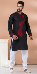 Black Cotton Panjabi with Intricate Embroidery-Men's Kurtas-parinitasarees