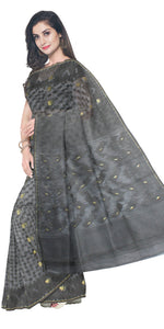 Black Dhakai Jamdani with Floral Motifs-Jamdani saree-parinitasarees