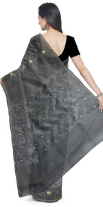 Black Dhakai Jamdani with Floral Motifs-Jamdani saree-parinitasarees