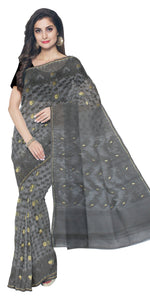 Black Dhakai Jamdani with Floral Motifs-Jamdani saree-parinitasarees