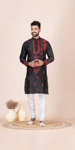 Black Dupion Silk Panjabi with Kantha Embroidery-Men's Kurtas-parinitasarees