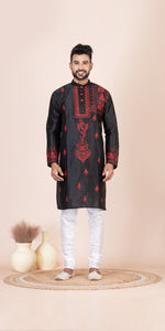 Black Dupion Silk Panjabi with Kantha Embroidery-Men's Kurtas-parinitasarees