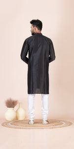 Black Dupion Silk Panjabi with Kantha Embroidery-Men's Kurtas-parinitasarees