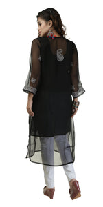 Black Georgette Chikankari Kurti with Floral Motifs-Women's Chikankari Kurti-parinitasarees