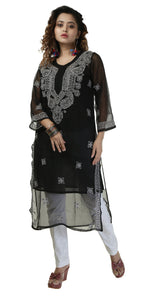 Black Georgette Chikankari Kurti with Floral Motifs-Women's Chikankari Kurti-parinitasarees