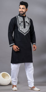 Black Hand Painted Men's Cotton Kurta-Men's Kurtas-parinitasarees