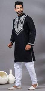 Black Hand Painted Men's Cotton Kurta-Men's Kurtas-parinitasarees