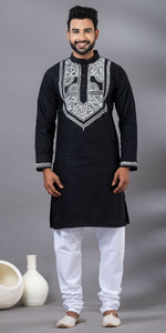 Black Hand Painted Men's Cotton Kurta-Men's Kurtas-parinitasarees