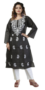 Black Handspun Cotton Chikankari Kurti with Paisley Motifs-Women's Chikankari Kurti-parinitasarees