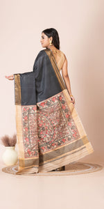 Black Madhubani Painted Bapta Tussar Silk Saree-Tussar Saree-parinitasarees